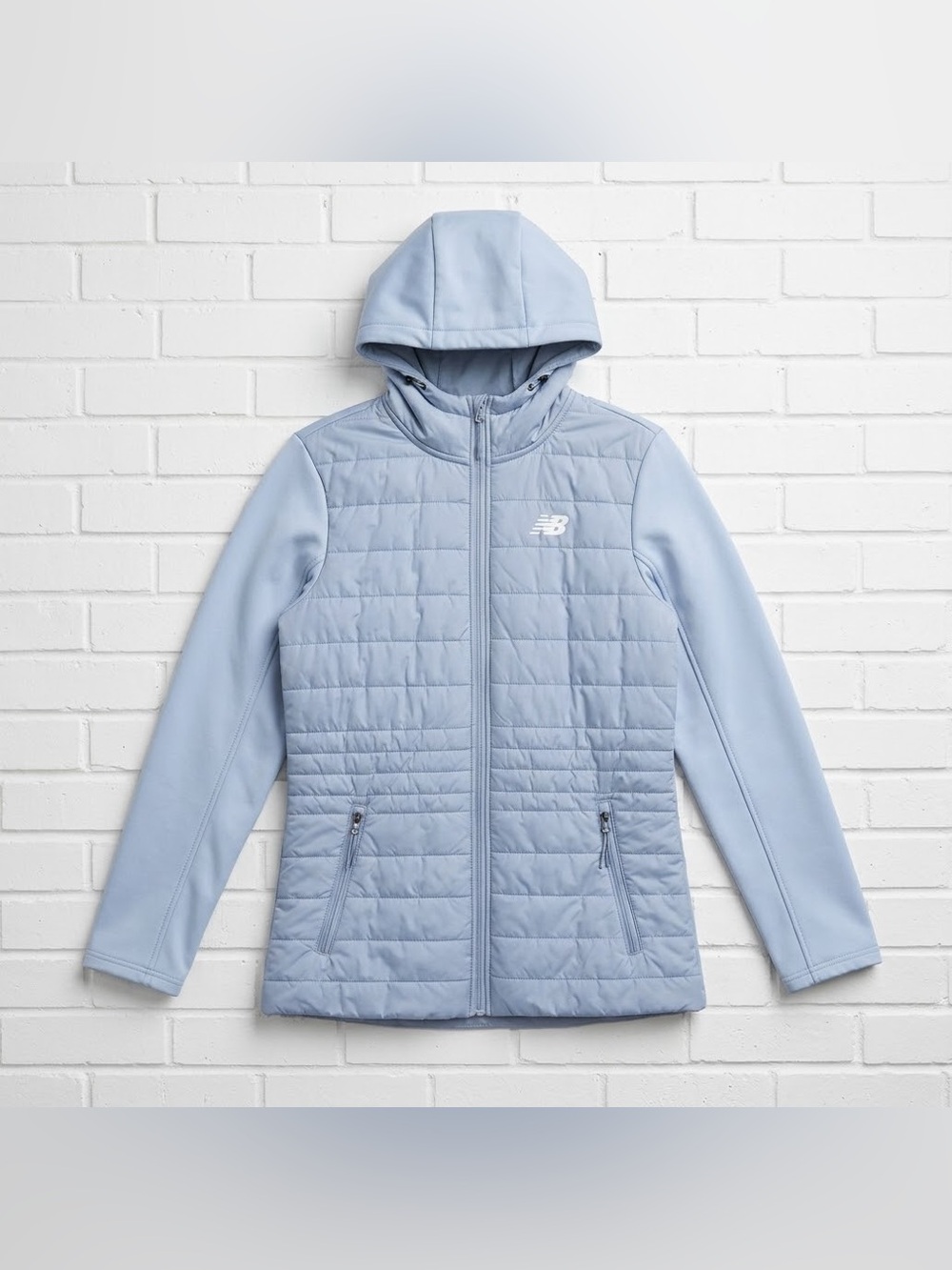New Balance Womens Medium Hybrid Puffer Softshell Jacket Hood Gray Running Coat